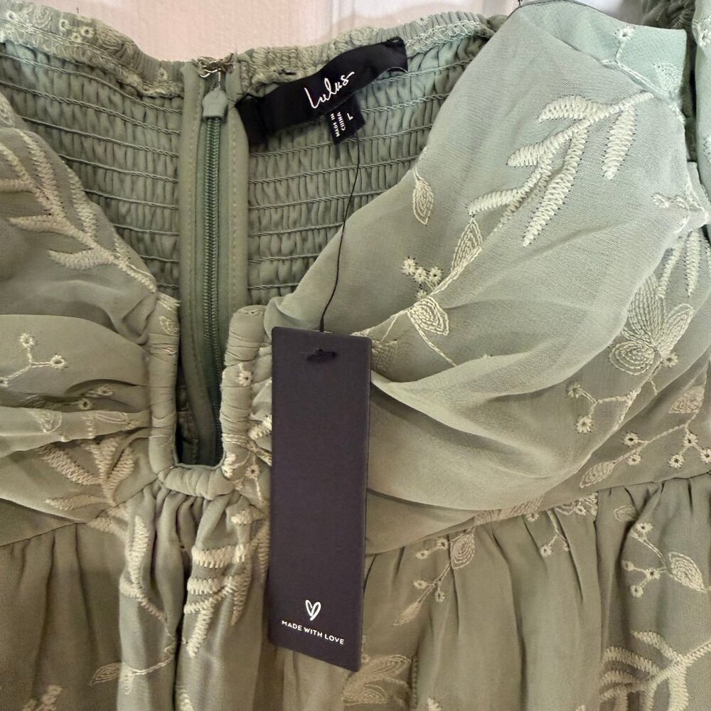 Lulus Cutest Icon Sage Green Embroidered Off-the-Shoulder Mini Dress Size Lg NWT - Picture 4 of 6
